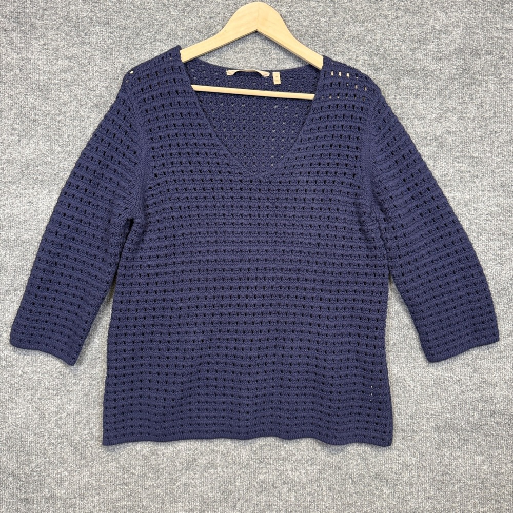 Soft Surroundings Size Medium Crochet Top Dark Purple Cotton V Neck 3/4 Sleeves